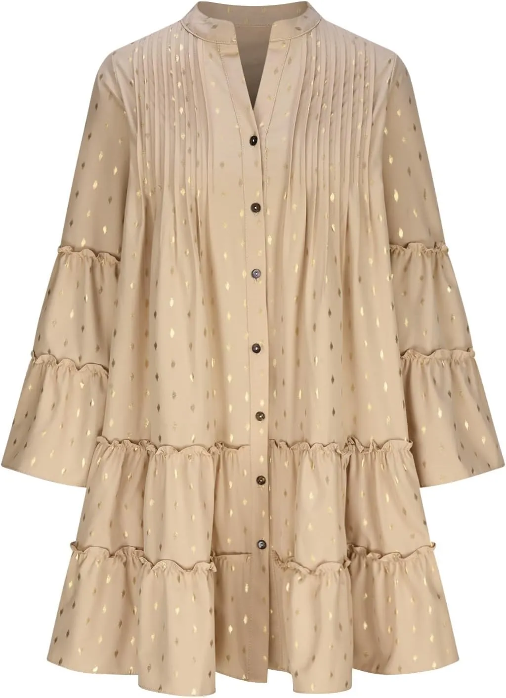 Women's Summer Button Down Pleated Shirt Dress Bell Long Sleeve Tiered Ruffle Flowy A-Line Swing Mini Babydoll Dresses