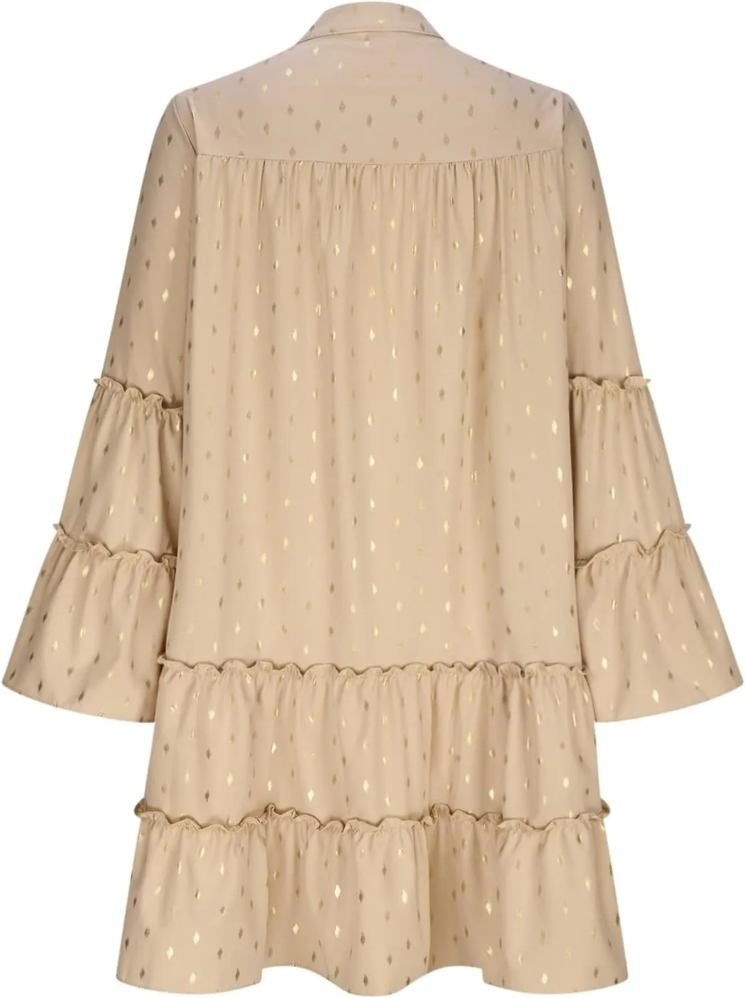 Women's Summer Button Down Pleated Shirt Dress Bell Long Sleeve Tiered Ruffle Flowy A-Line Swing Mini Babydoll Dresses