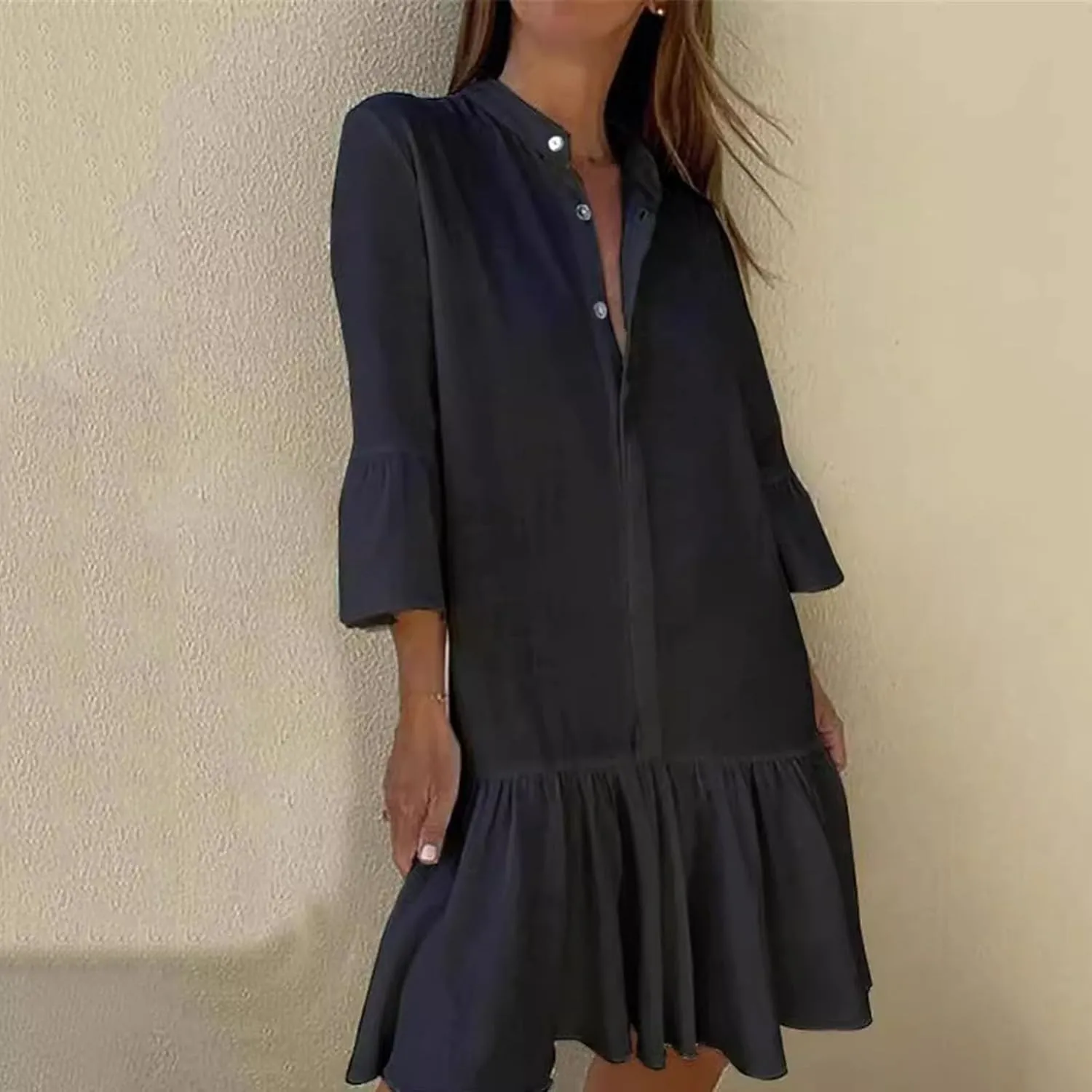 Womens Summer Button Down Shirt Dress Casual Loose Modest Long Ruffle Dresses Sexy V Neck Sundress Beach Dress