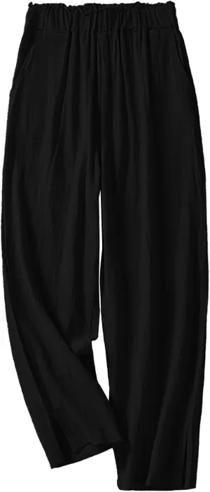 Women's Summer Casual Linen Pants Elastic High Waist Loose Slit Cropped Trousers Outdoor Hiking Workout Pants with Pockets