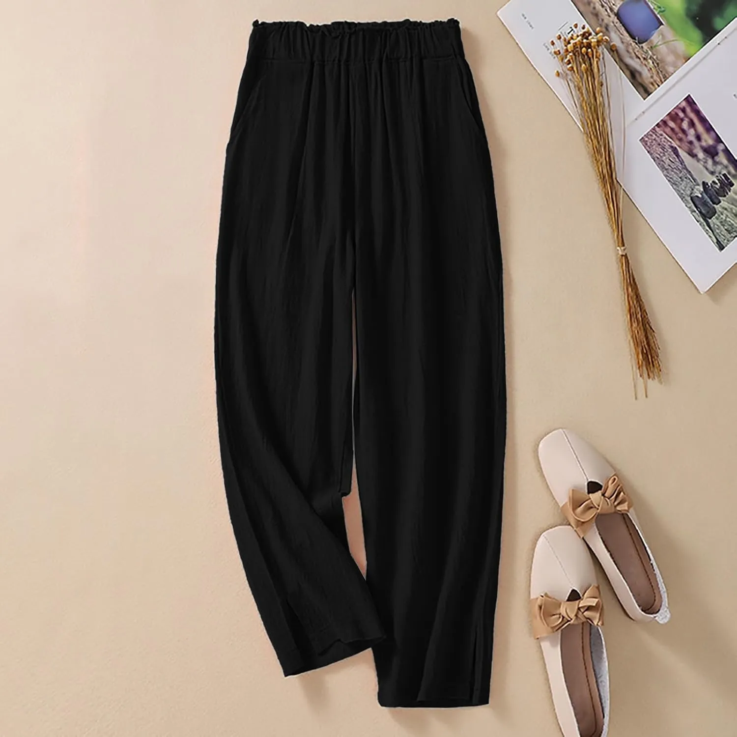 Women's Summer Casual Linen Pants Elastic High Waist Loose Slit Cropped Trousers Outdoor Hiking Workout Pants with Pockets