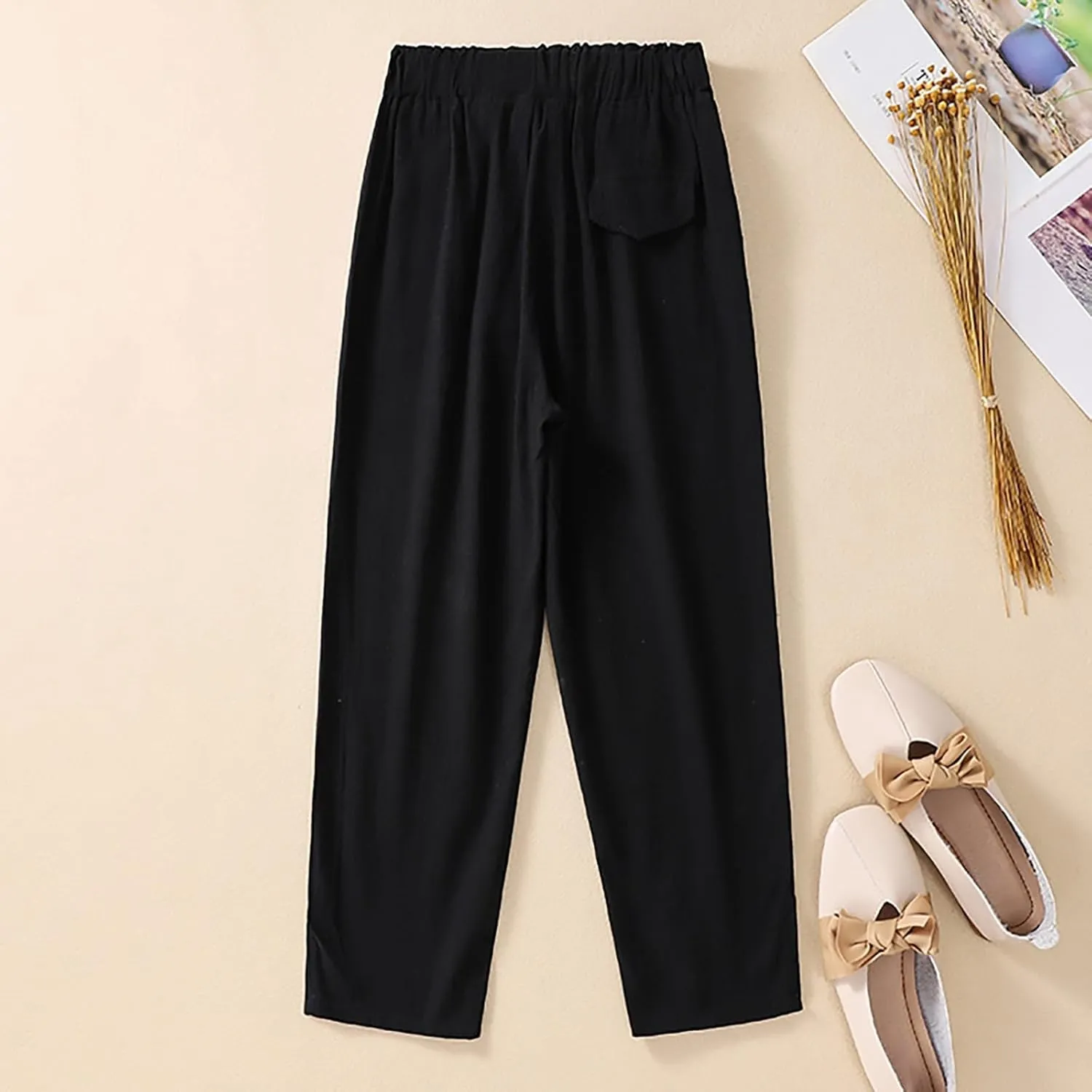 Women's Summer Casual Linen Pants Elastic High Waist Loose Slit Cropped Trousers Outdoor Hiking Workout Pants with Pockets