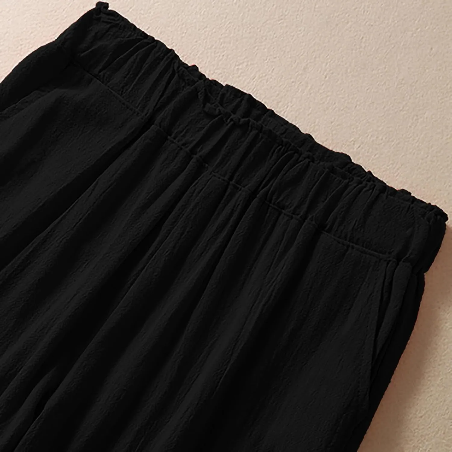 Women's Summer Casual Linen Pants Elastic High Waist Loose Slit Cropped Trousers Outdoor Hiking Workout Pants with Pockets