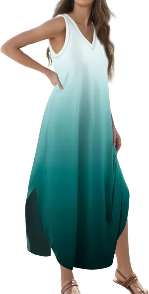 Women's Summer Casual Loose Dresses 2024 Floral Print Sleeveless Beach Sundress V Neck Split Tshirt Maxi Dresses