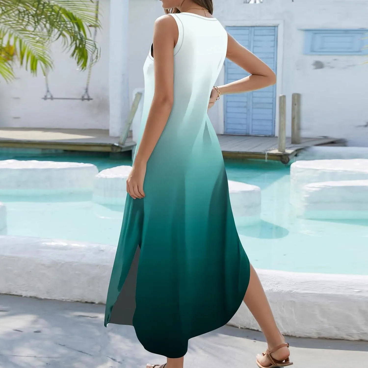 Women's Summer Casual Loose Dresses 2024 Floral Print Sleeveless Beach Sundress V Neck Split Tshirt Maxi Dresses