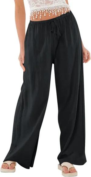 Womens Summer Casual Pant Cotton Linen Button 2025 Flowy Pants & Palazzo Straight High Rise Solid Baggy Clothes Pocket