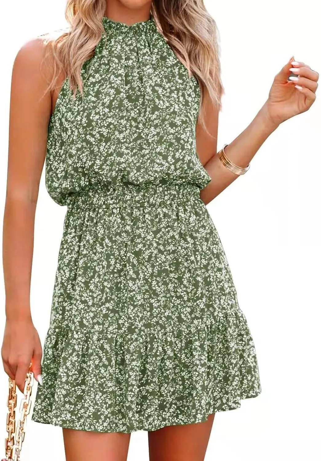 Womens Summer Casual Sleeveless Mini Dress Boho Floral Print Ruffled Hem Elastic Waist Flowy Dress