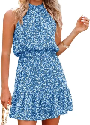 Womens Summer Casual Sleeveless Mini Dress Boho Floral Print Ruffled Hem Elastic Waist Flowy Dress