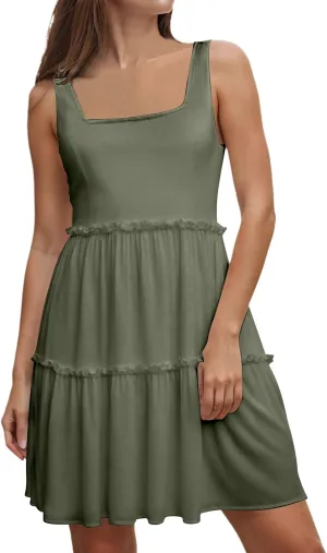 Womens Summer Casual Square Neck A Line Mini Dress Flowy Tiered Sleeveless Sundresses Beach Beach Dresses for
