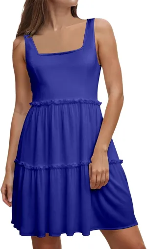Womens Summer Casual Square Neck A Line Mini Dress Flowy Tiered Sleeveless Sundresses Beach Beach Dresses for