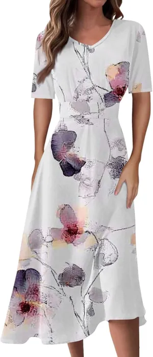 Women's Summer Casual Trendy Dress Short Sleeve V-Neck Bohemian Floral Print Elegant Maxi Dresses, S-2XL