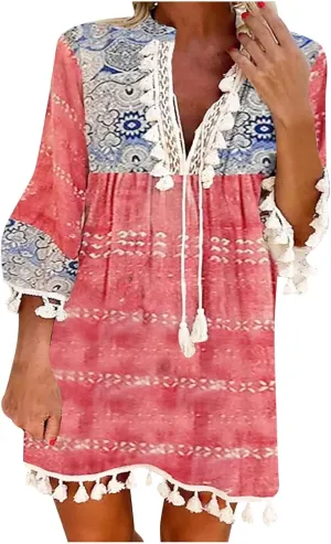 Womens Summer Casual V-Neck 3/4 Sleeve Sundress Boho Print Hawaiian Beach Dress Flowy Swing Vacation Mini Dress