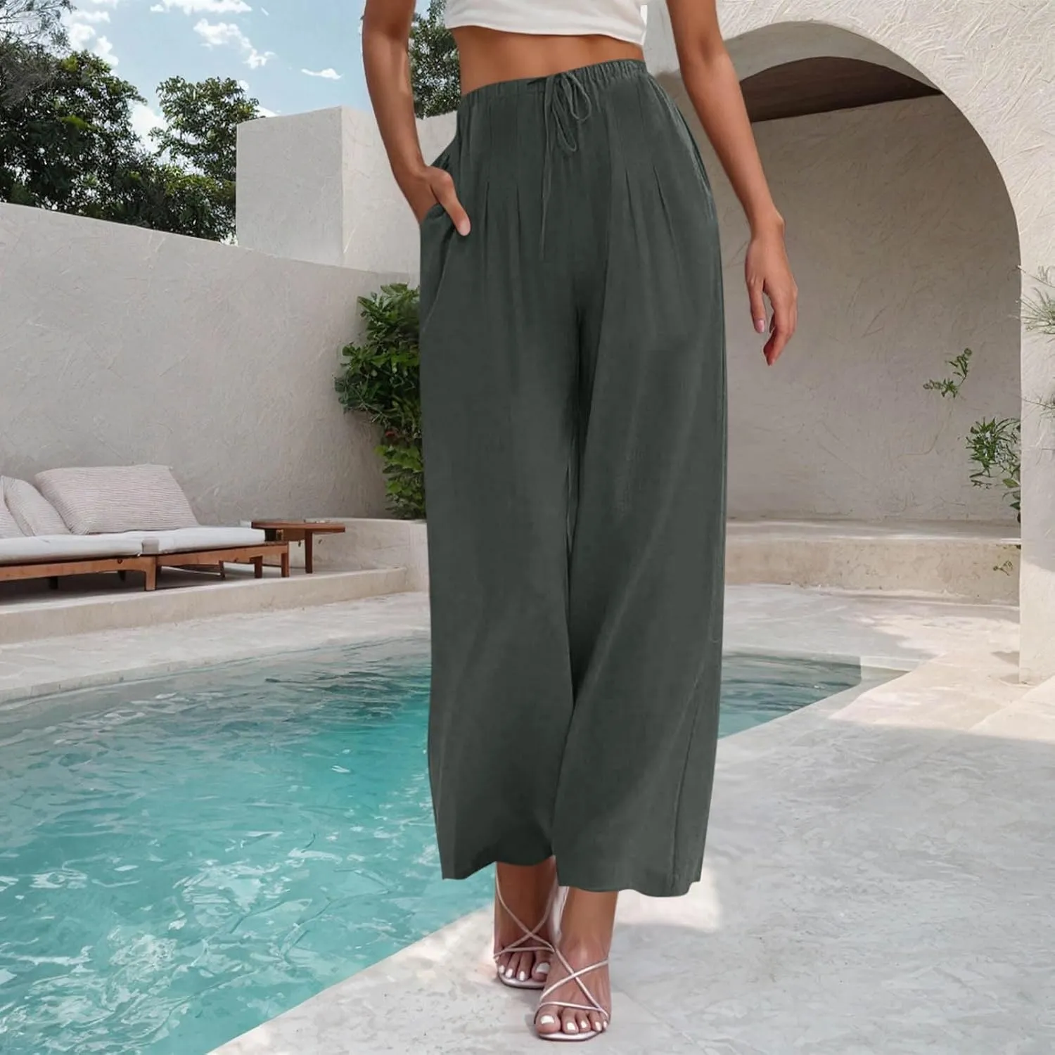 Women's Summer Cotton Linen Pants Flowy Wide Leg Beach Palazzo Pant Casual Lightweight Boho Trousers with Pockets
