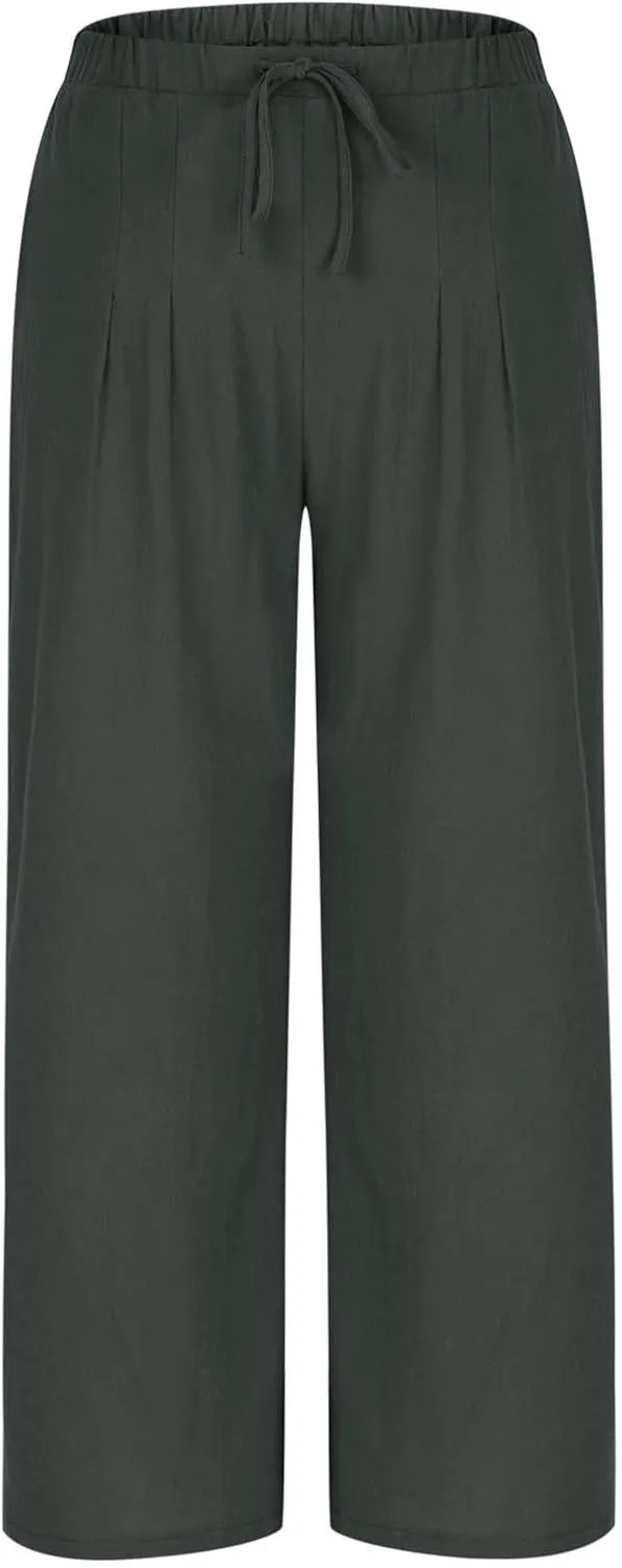 Women's Summer Cotton Linen Pants Flowy Wide Leg Beach Palazzo Pant Casual Lightweight Boho Trousers with Pockets