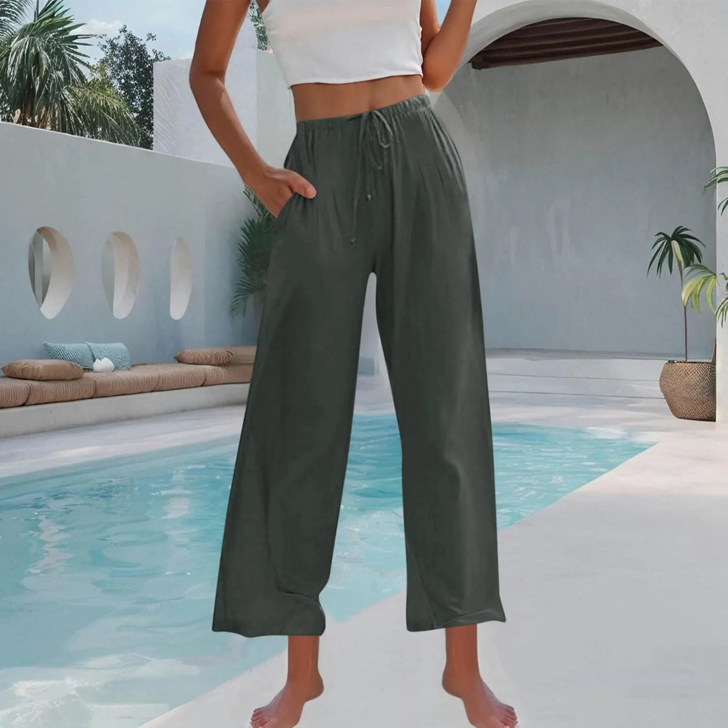 Women's Summer Cotton Linen Pants Flowy Wide Leg Beach Palazzo Pant Casual Lightweight Boho Trousers with Pockets