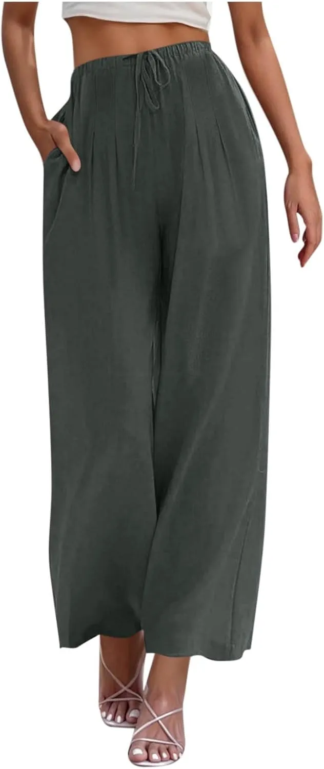 Women's Summer Cotton Linen Pants Flowy Wide Leg Beach Palazzo Pant Casual Lightweight Boho Trousers with Pockets