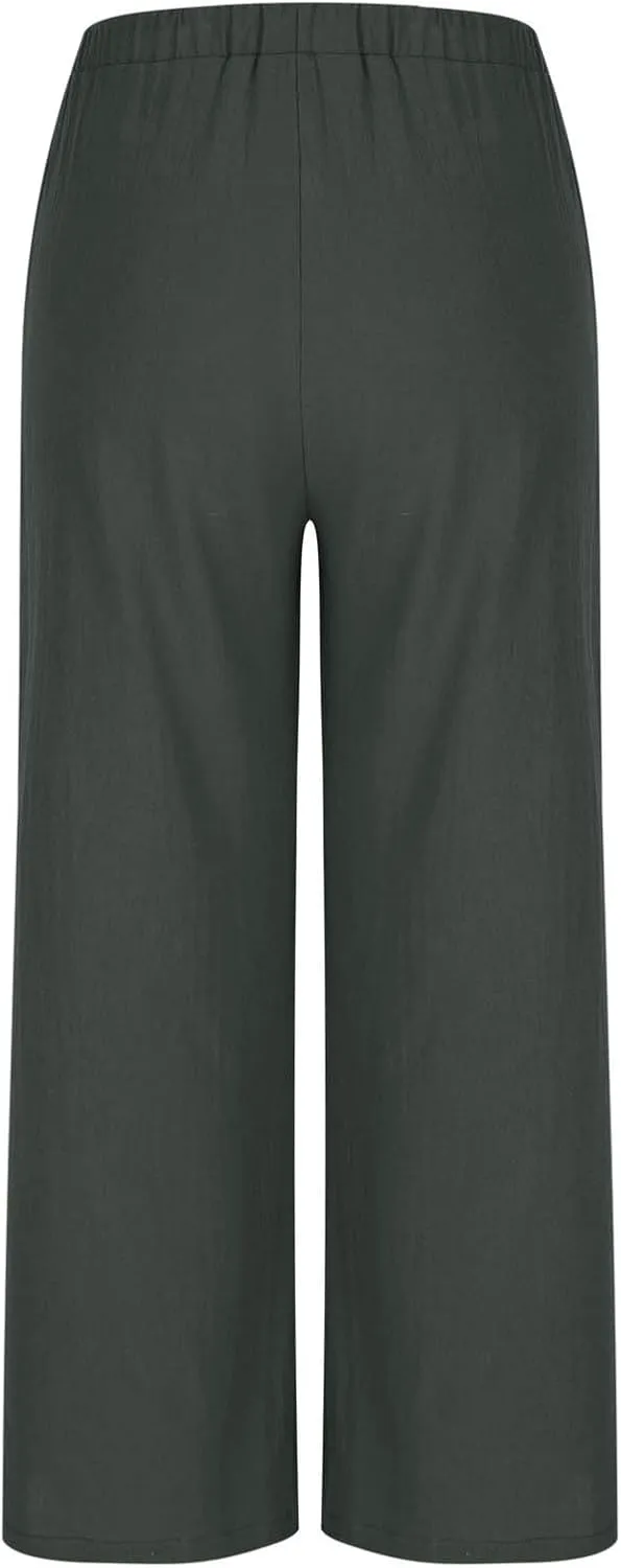 Women's Summer Cotton Linen Pants Flowy Wide Leg Beach Palazzo Pant Casual Lightweight Boho Trousers with Pockets