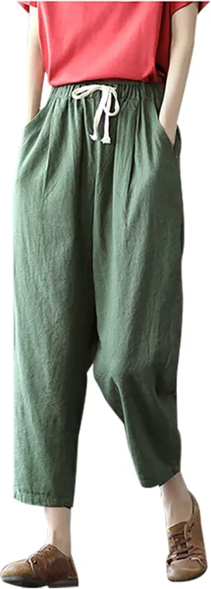 Women's Summer Cotton Linen Pants High Waist Wide Leg Loose Drawstring Pants Casual Solid Trousers with Pockets