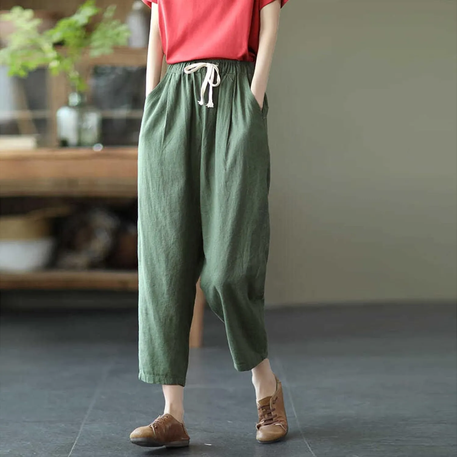 Women's Summer Cotton Linen Pants High Waist Wide Leg Loose Drawstring Pants Casual Solid Trousers with Pockets