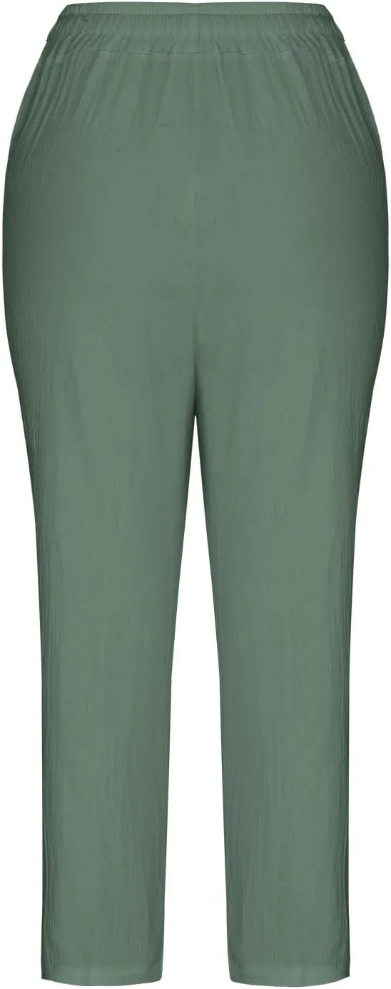 Women's Summer Cotton Linen Pants High Waist Wide Leg Loose Drawstring Pants Casual Solid Trousers with Pockets