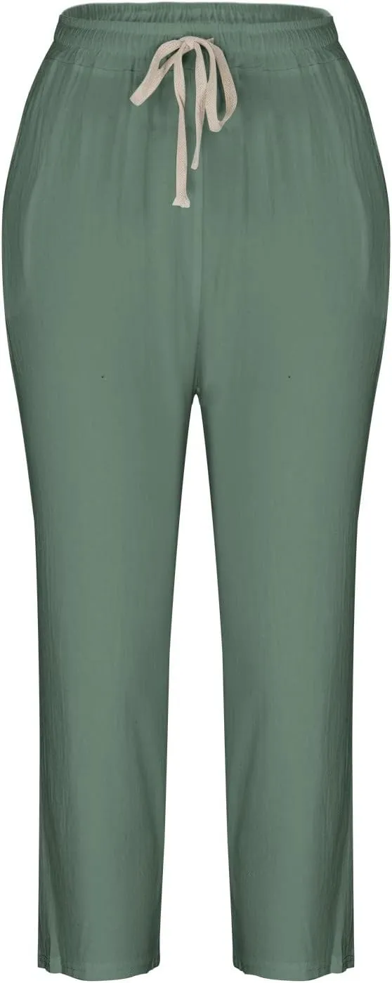 Women's Summer Cotton Linen Pants High Waist Wide Leg Loose Drawstring Pants Casual Solid Trousers with Pockets