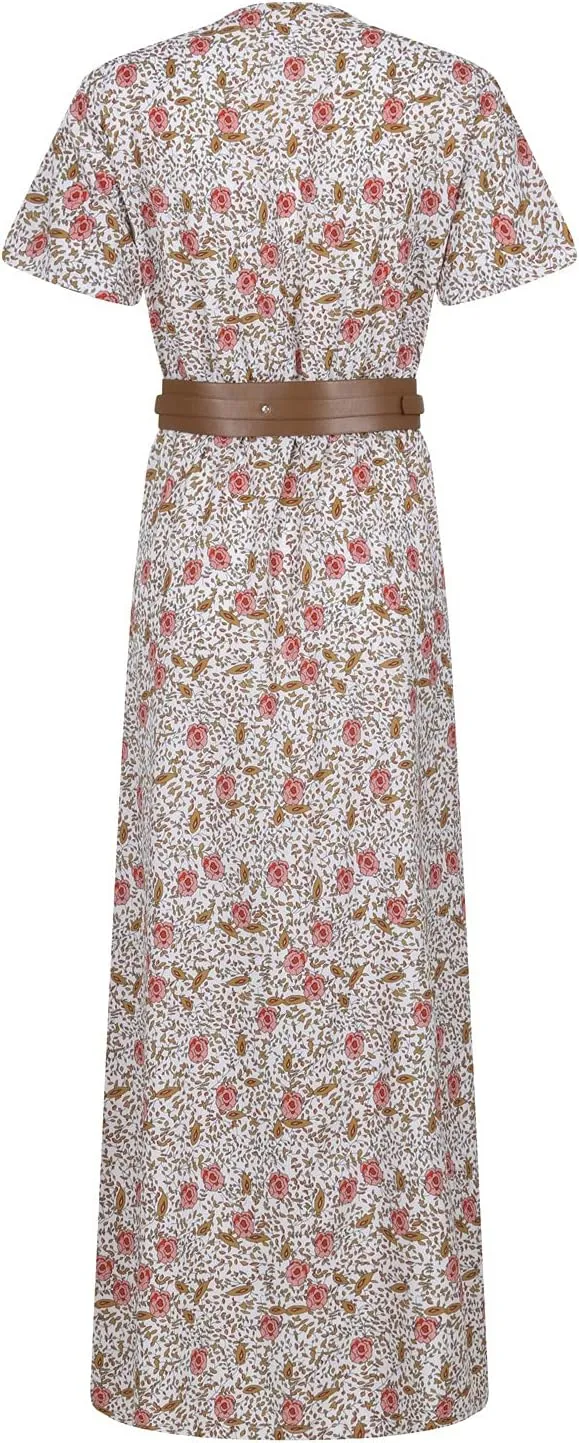 Women's Summer Dress Loose Casual Trendy Dress Short Sleeve V-Neck Floral Print Vintage Boho Dresses, S-3XL