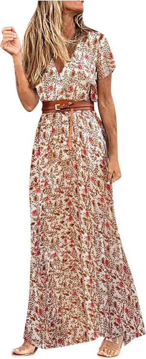 Women's Summer Dress Loose Casual Trendy Dress Short Sleeve V-Neck Floral Print Vintage Boho Dresses, S-3XL