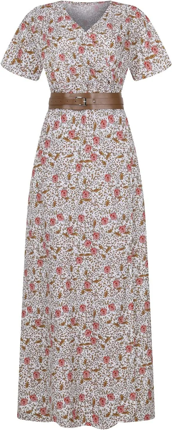 Women's Summer Dress Loose Casual Trendy Dress Short Sleeve V-Neck Floral Print Vintage Boho Dresses, S-3XL