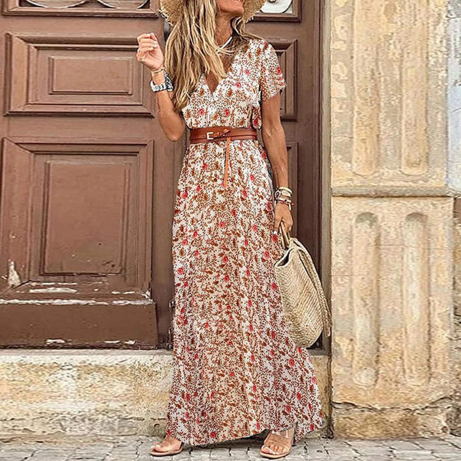 Women's Summer Dress Loose Casual Trendy Dress Short Sleeve V-Neck Floral Print Vintage Boho Dresses, S-3XL