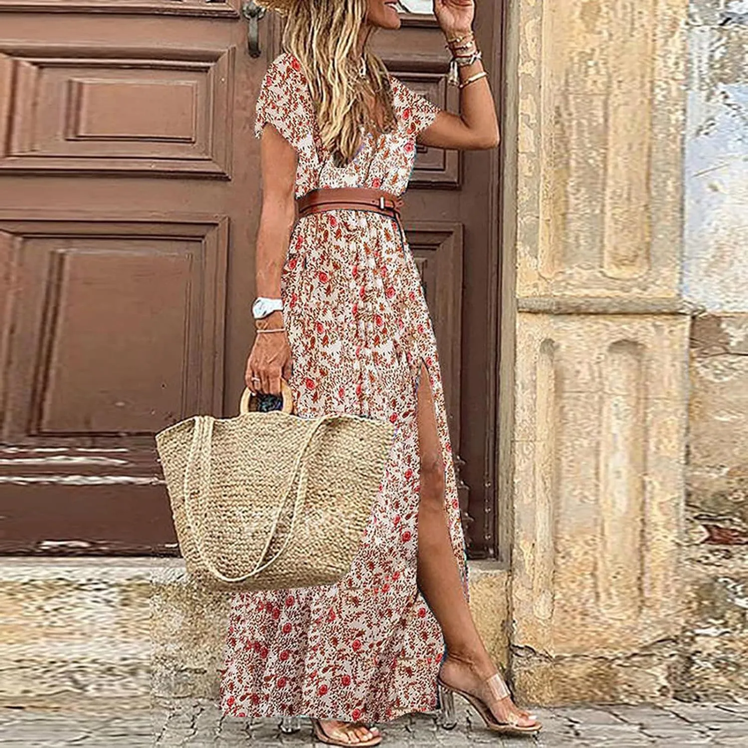 Women's Summer Dress Loose Casual Trendy Dress Short Sleeve V-Neck Floral Print Vintage Boho Dresses, S-3XL