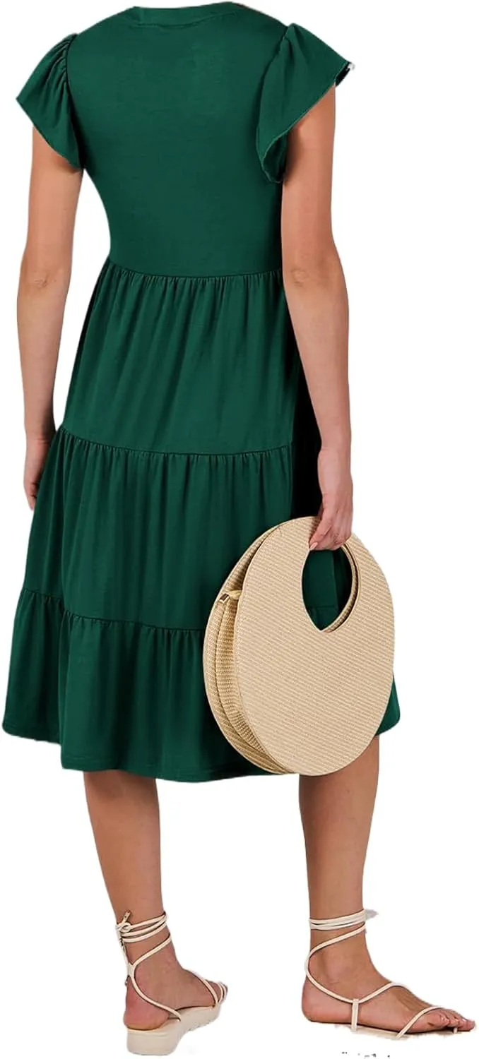 Womens Summer Dress Ruffle Sleeve V Neck Midi Dresses Fashion Flowy Tiered Boho Beach Vacation Sundress for Women