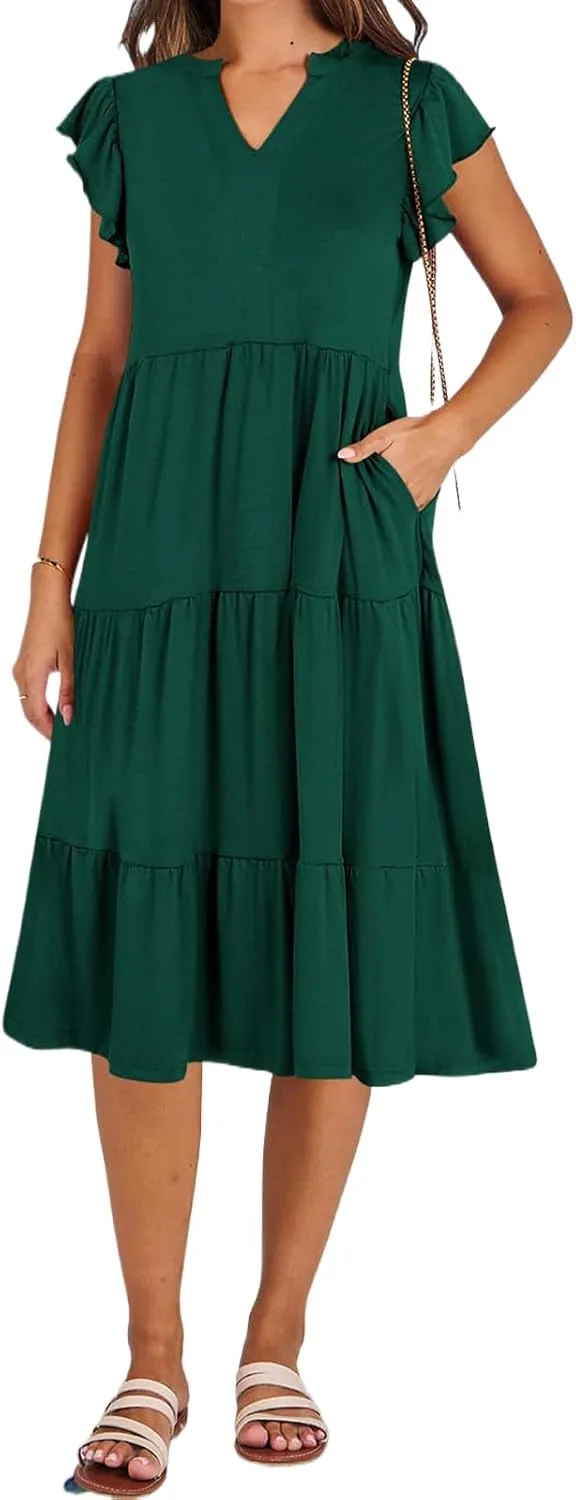 Womens Summer Dress Ruffle Sleeve V Neck Midi Dresses Fashion Flowy Tiered Boho Beach Vacation Sundress for Women