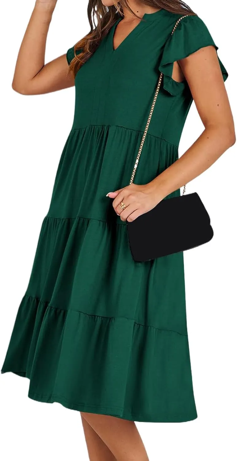 Womens Summer Dress Ruffle Sleeve V Neck Midi Dresses Fashion Flowy Tiered Boho Beach Vacation Sundress for Women