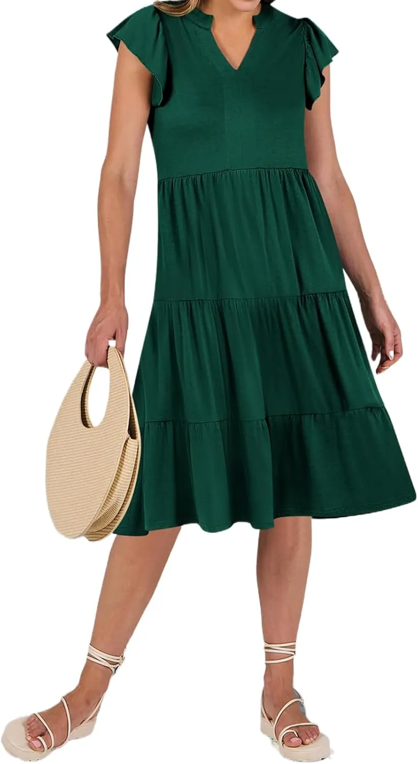 Womens Summer Dress Ruffle Sleeve V Neck Midi Dresses Fashion Flowy Tiered Boho Beach Vacation Sundress for Women