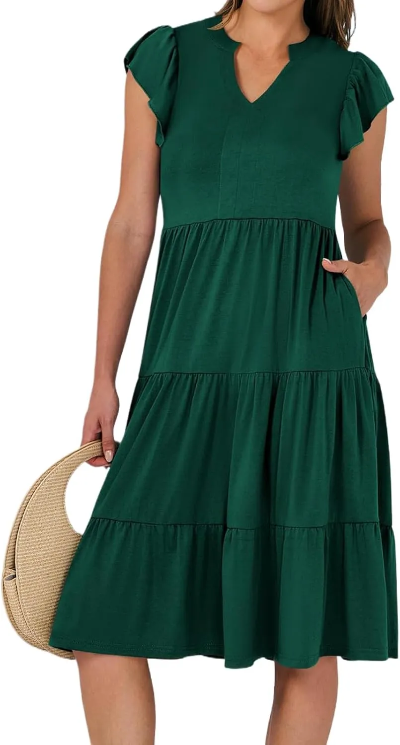 Womens Summer Dress Ruffle Sleeve V Neck Midi Dresses Fashion Flowy Tiered Boho Beach Vacation Sundress for Women