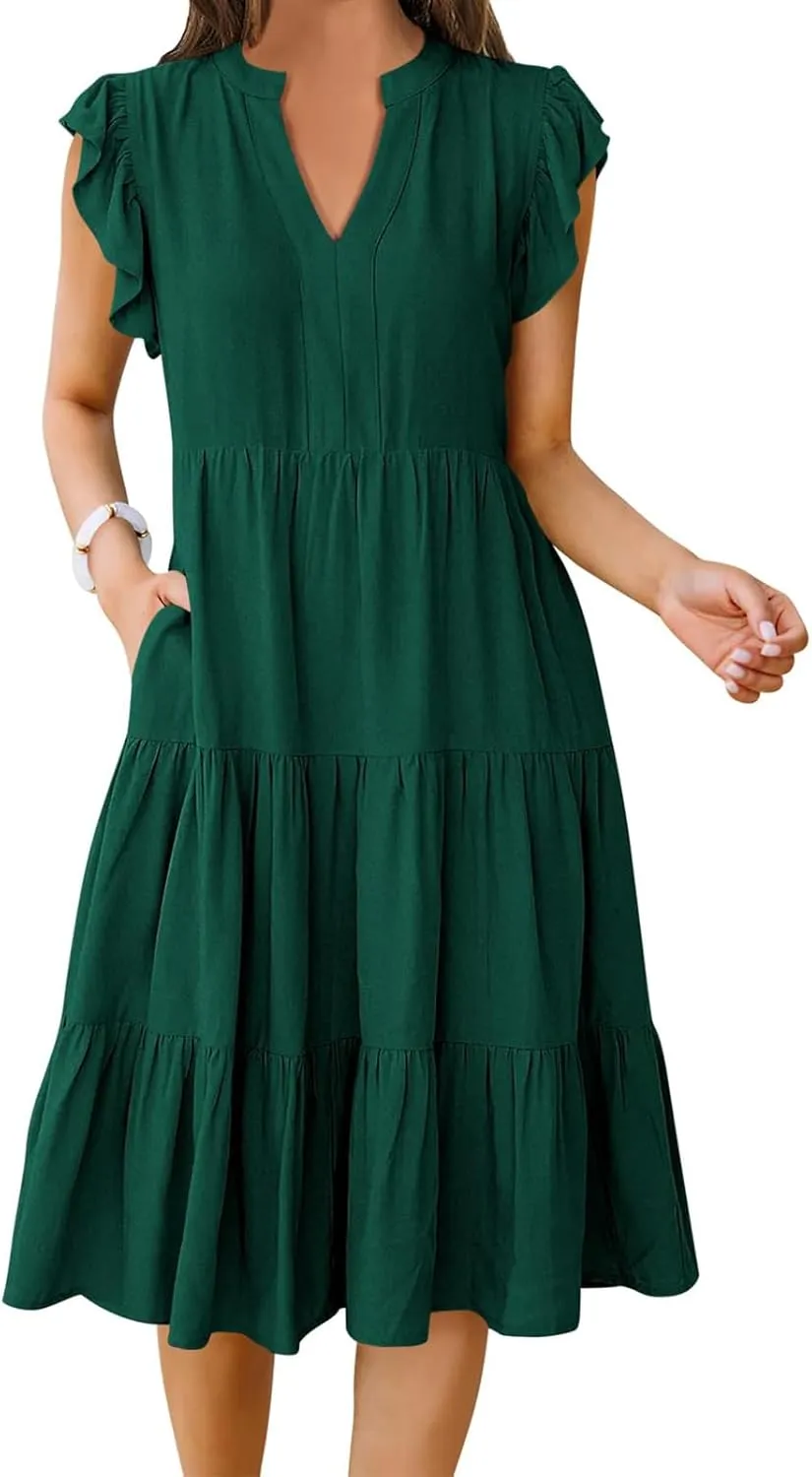 Womens Summer Dress Ruffle Sleeve V Neck Midi Dresses Fashion Flowy Tiered Boho Beach Vacation Sundress for Women