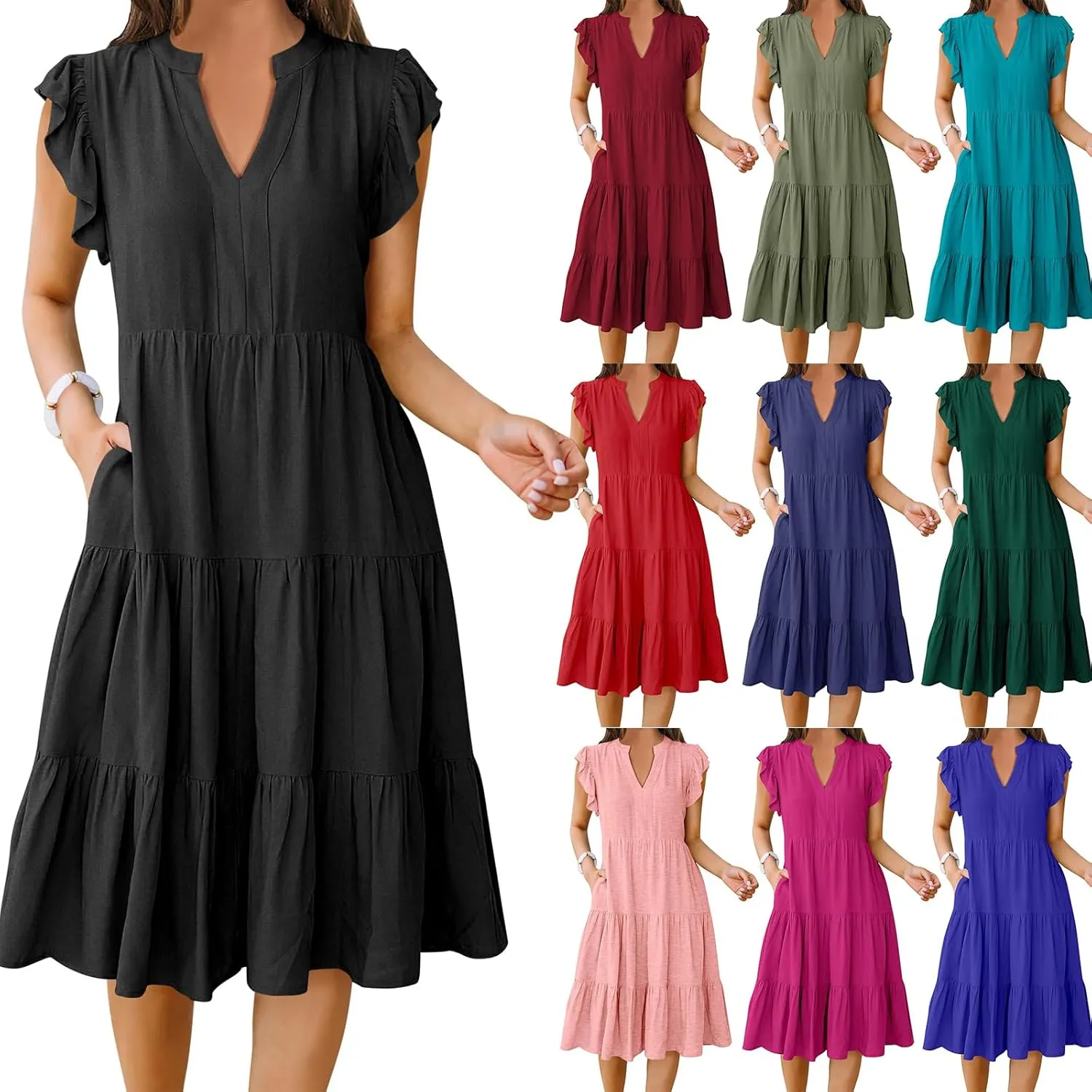 Womens Summer Dress Ruffle Sleeve V Neck Midi Dresses Fashion Flowy Tiered Boho Beach Vacation Sundress for Women