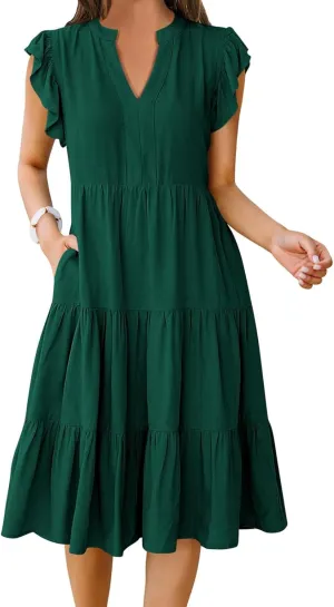 Womens Summer Dress Ruffle Sleeve V Neck Midi Dresses Fashion Flowy Tiered Boho Beach Vacation Sundress for Women