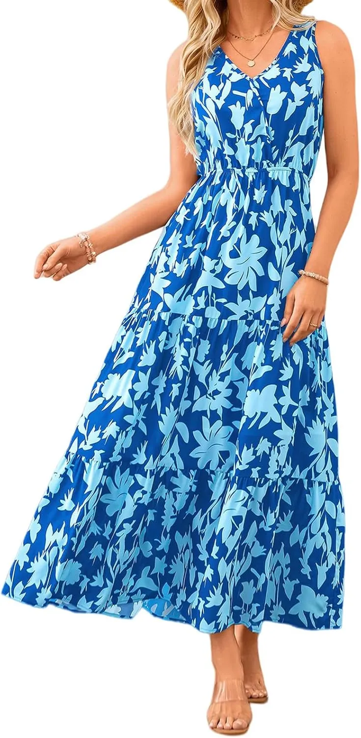Womens Summer Dress Sleeveless V Neck Cute Floral Maxi Dresses Casual Flowy Swing Wedding Guest Long Dress
