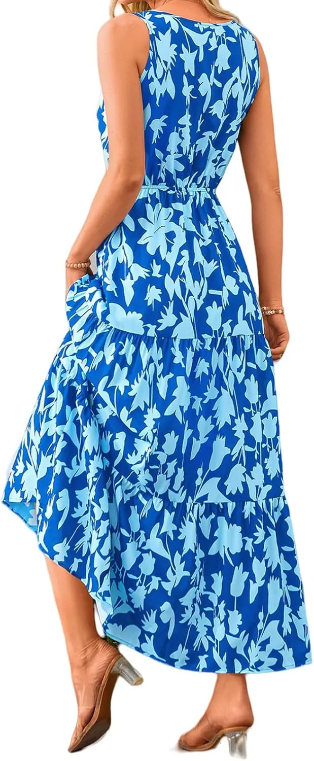 Womens Summer Dress Sleeveless V Neck Cute Floral Maxi Dresses Casual Flowy Swing Wedding Guest Long Dress