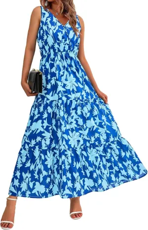 Womens Summer Dress Sleeveless V Neck Cute Floral Maxi Dresses Casual Flowy Swing Wedding Guest Long Dress