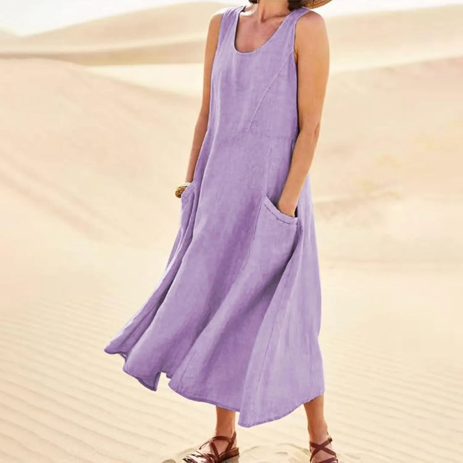 Womens Summer Dresses 2024 Casual Floral Print Boho Beach Sundress O Neck Sleeveless Loose Maxi Dress with Pockets