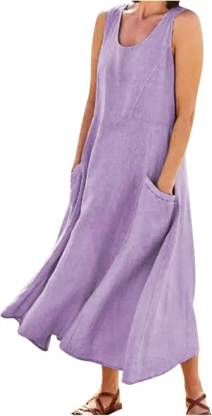 Womens Summer Dresses 2024 Casual Floral Print Boho Beach Sundress O Neck Sleeveless Loose Maxi Dress with Pockets