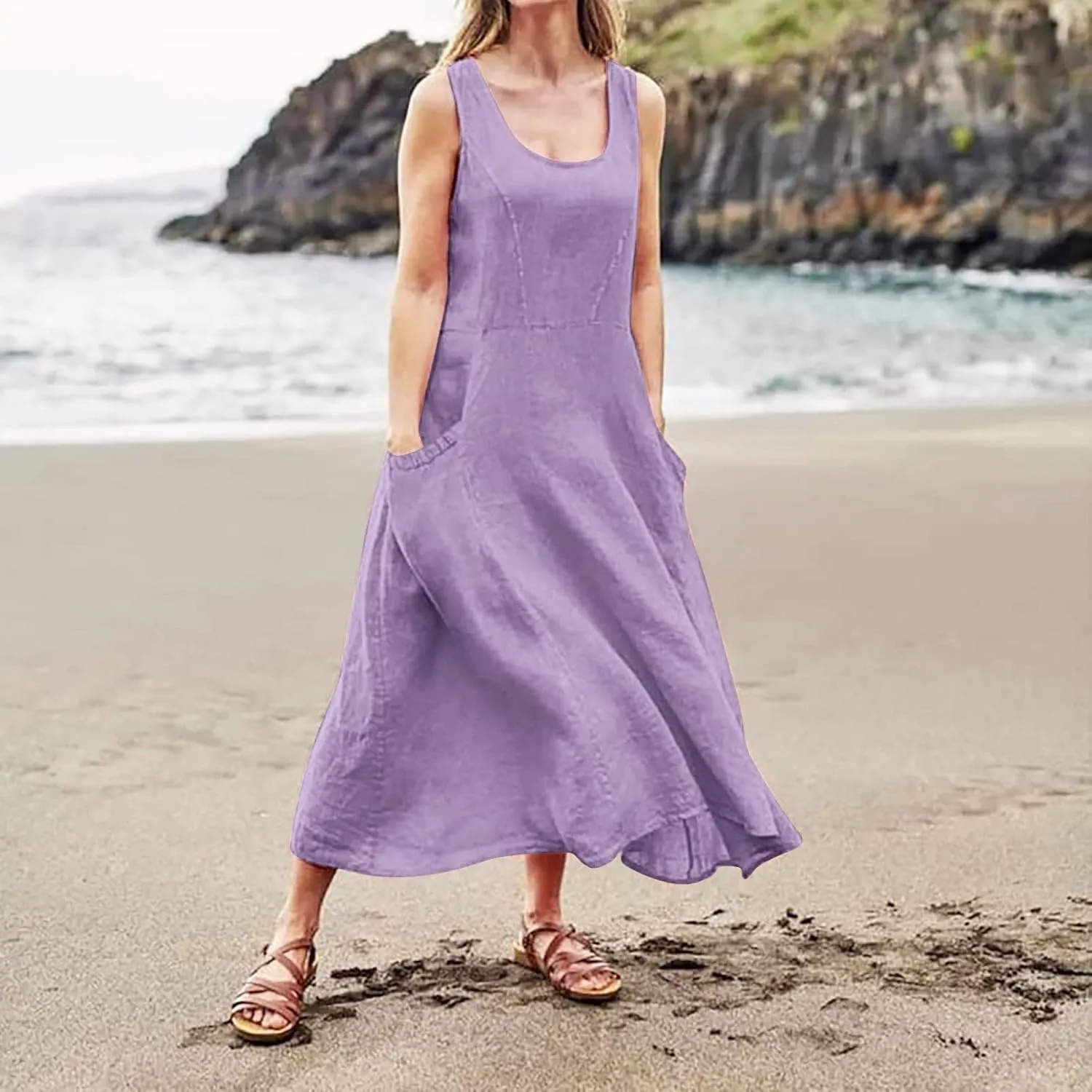Womens Summer Dresses 2024 Casual Floral Print Boho Beach Sundress O Neck Sleeveless Loose Maxi Dress with Pockets
