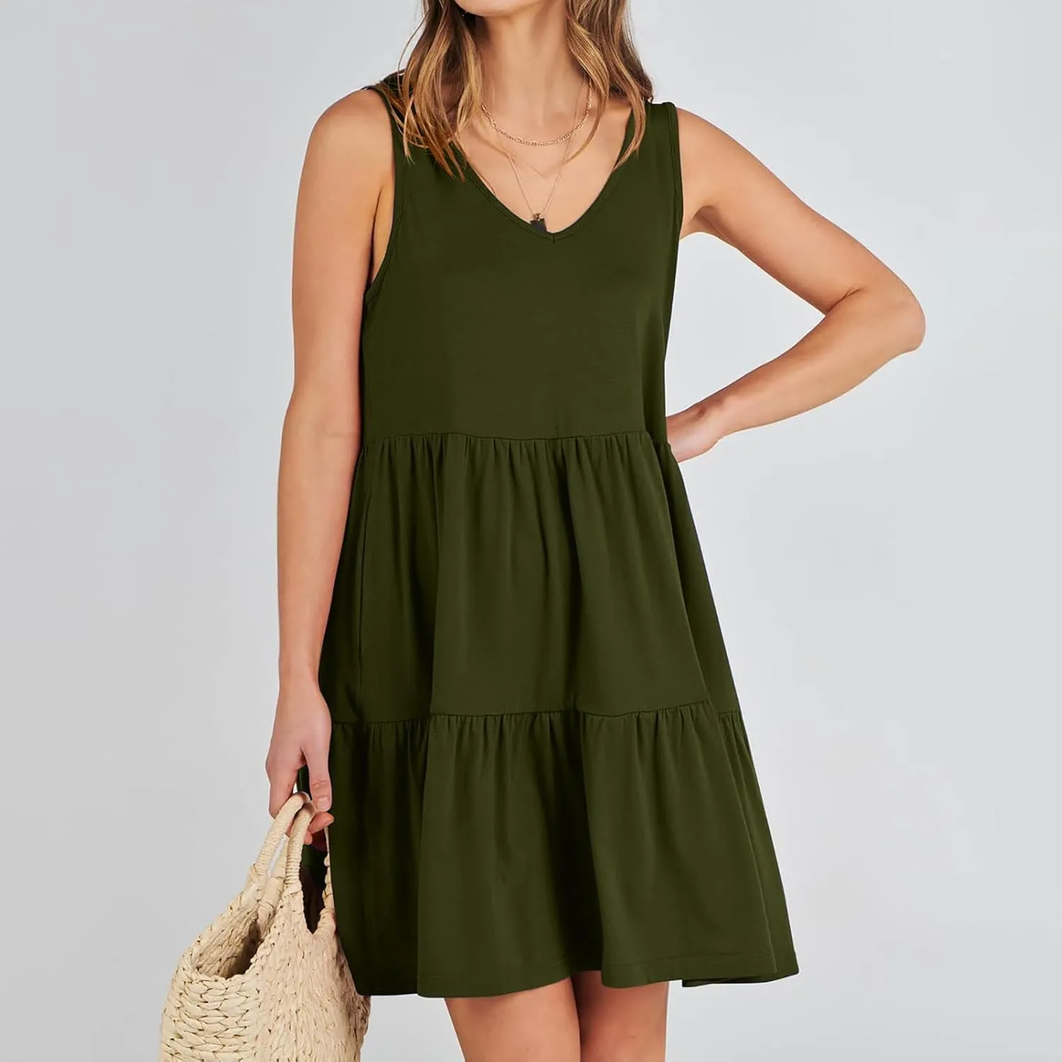 Womens Summer Dresses 2024 Sleeveless Smocked High Waist Ruffle Tiered Casual Swing Mini Dress Trendy Solid Sundress