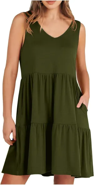 Womens Summer Dresses 2024 Sleeveless Smocked High Waist Ruffle Tiered Casual Swing Mini Dress Trendy Solid Sundress
