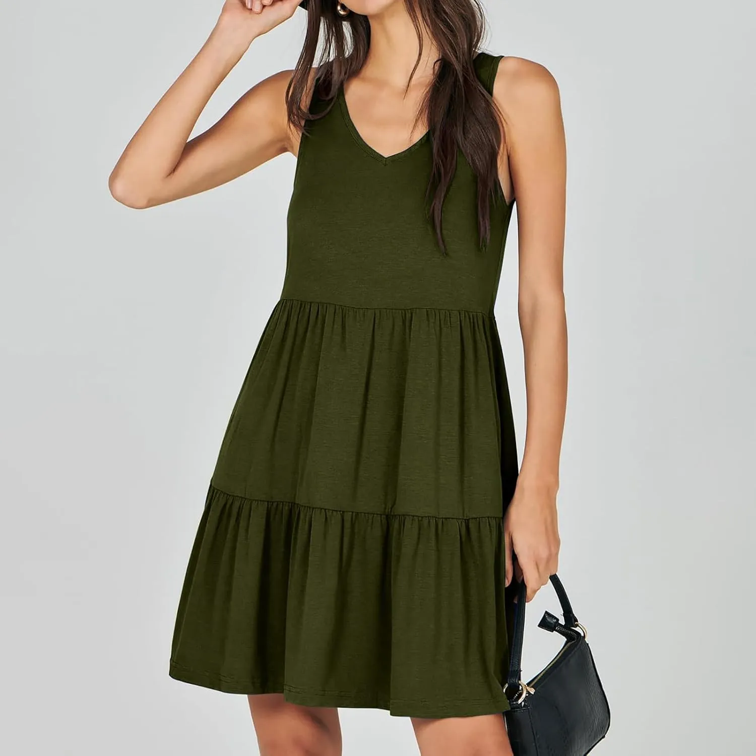Womens Summer Dresses 2024 Sleeveless Smocked High Waist Ruffle Tiered Casual Swing Mini Dress Trendy Solid Sundress