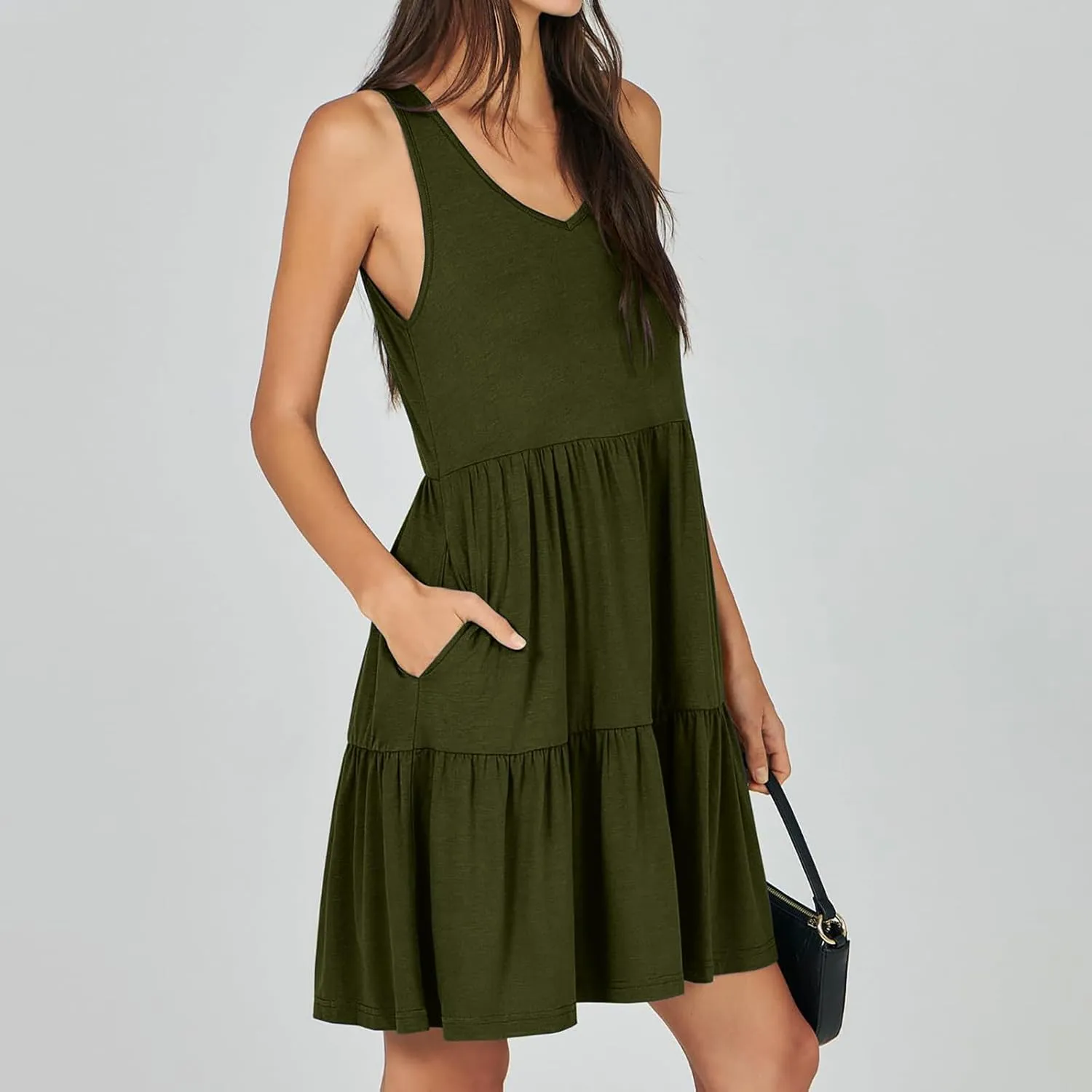 Womens Summer Dresses 2024 Sleeveless Smocked High Waist Ruffle Tiered Casual Swing Mini Dress Trendy Solid Sundress