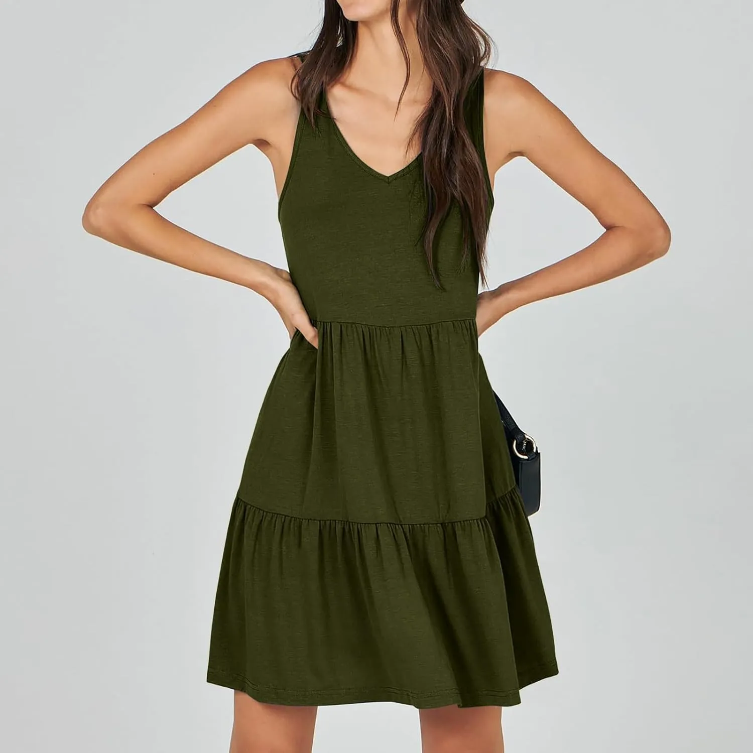 Womens Summer Dresses 2024 Sleeveless Smocked High Waist Ruffle Tiered Casual Swing Mini Dress Trendy Solid Sundress