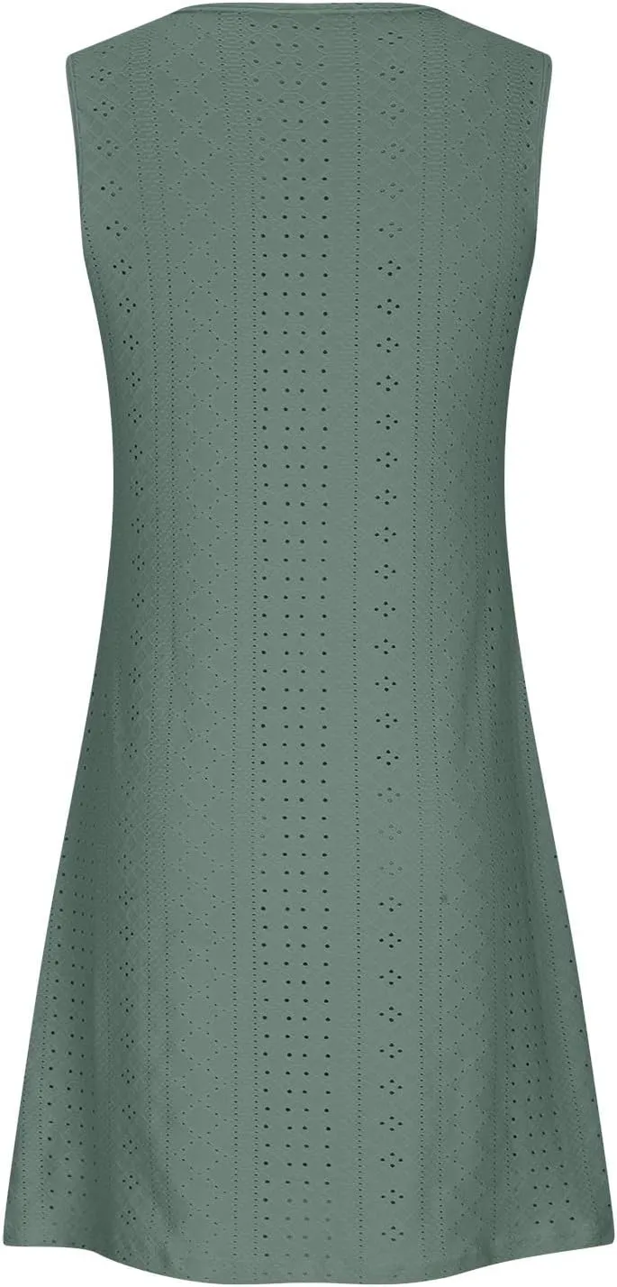 Womens Summer Dresses 2025 Eyelet Sleeveless Tank Dress Scoop Neck A Line Swing Dress Flowy Beach Sundress